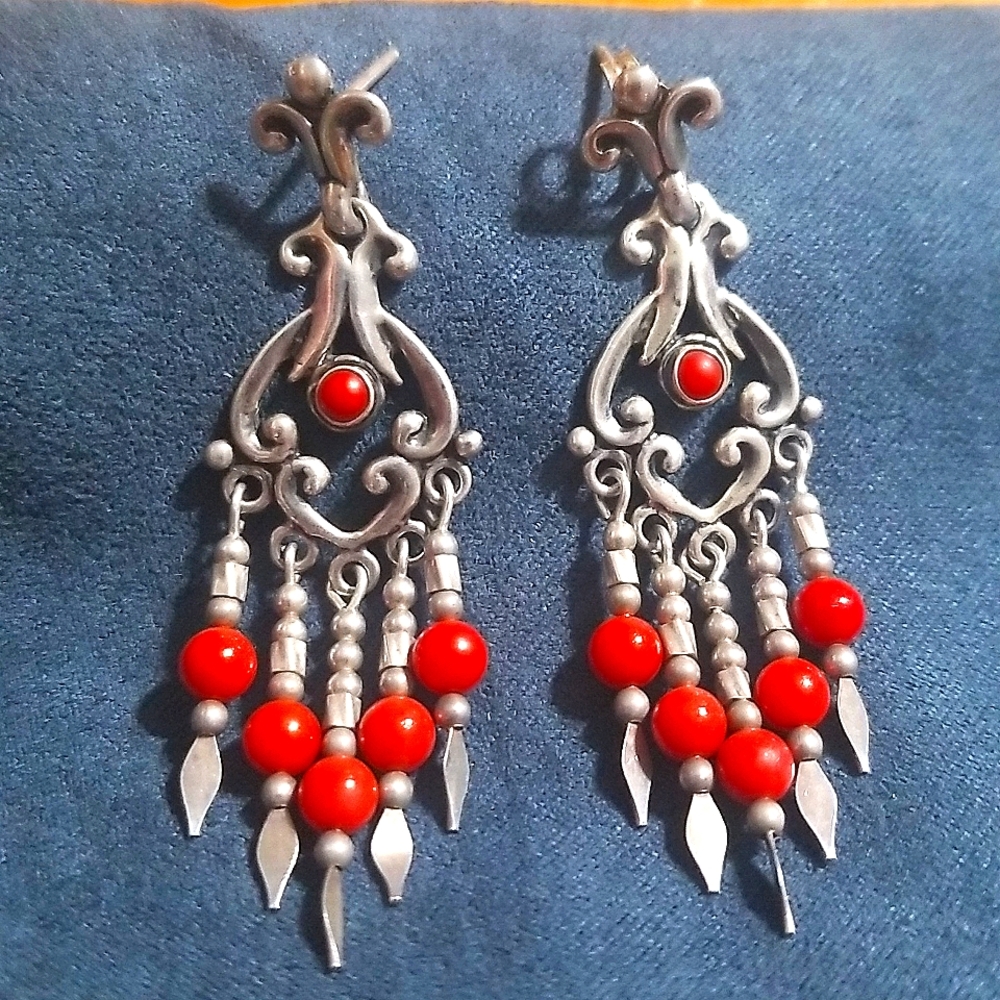 Carolyn Pollack QT Sterling 925 Silver Red Jasper Southwest Dangle Earrings